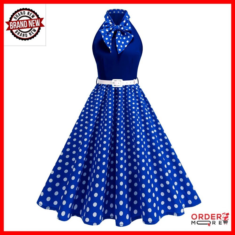 Vintage 1950s Halter Swing Dress Polka Dot Cocktail Party Retro
